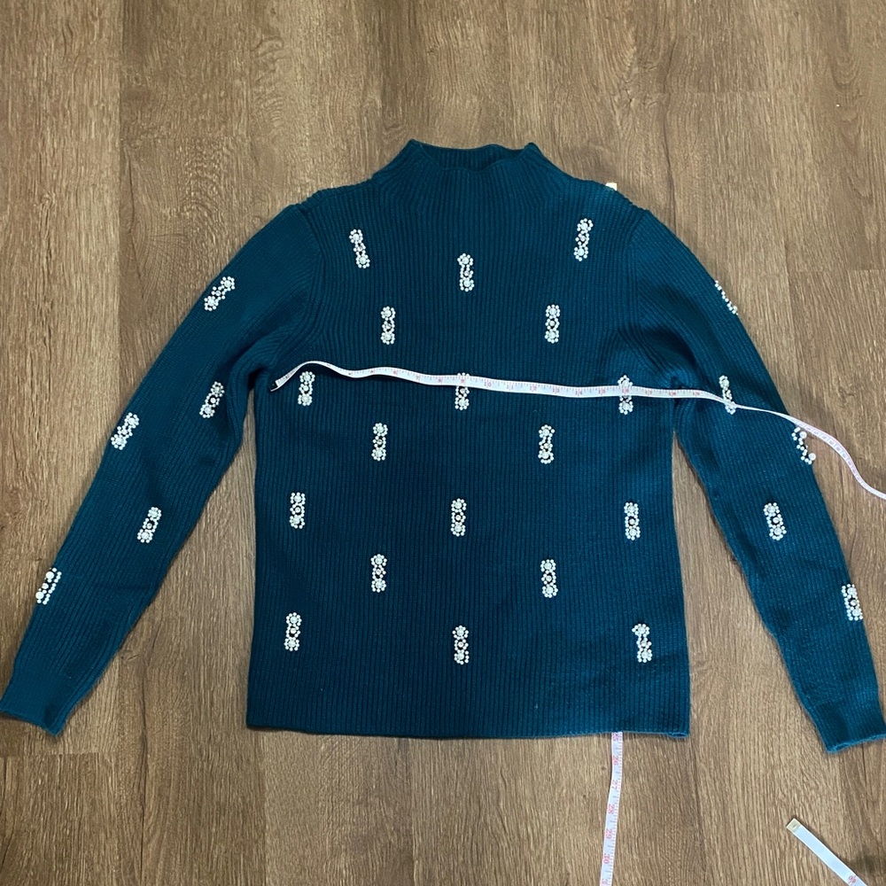 Women’s medium Belldini Teal Turtleneck Sweater White pearls and rhinestones